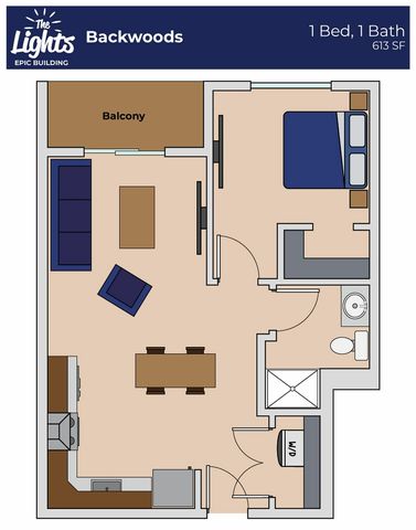 Backwoods floor plan featuring 1 bedroom, 1 bath, and a cozy living area with balcony, part of The Lights epic building, 613 sq ft.