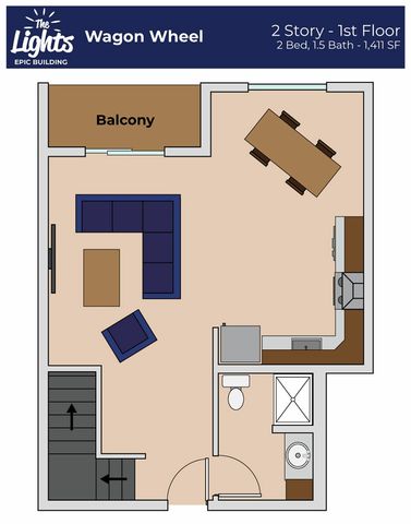 Charming Wagon Wheel 2-story floor plan with an open-concept living area, dining room, and balcony. Includes 2 bedrooms, 1.5 baths, and spans 1,411 square feet.