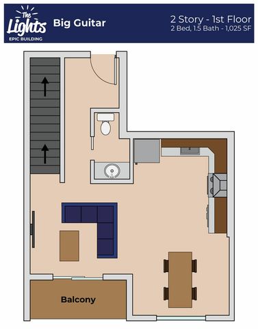 Bright 2-story floor plan of \'Big Guitar\' at The Lights, featuring 2 bedrooms, 1.5 baths, spacious living area with balcony, and modern kitchen in a 1,025 SF layout.