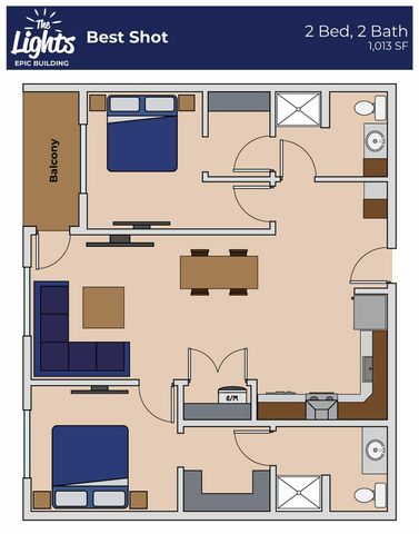 Modern floor plan of \'The Lights\' Epic Building showcasing 2 bedrooms, 2 bathrooms, a spacious living area, and an inviting balcony, covering 1,013 square feet.