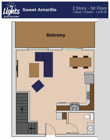 Sweet Amarillo floor plan at The Lights Echo Building, showcasing a spacious 2-story first floor with 2 bedrooms, 1.5 baths, open living area, modern kitchen, and a generous balcony, totaling 1,278 sq ft.