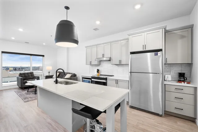 Modern open-concept kitchen with sleek cabinetry, stainless steel appliances, and inviting living area with a scenic view.