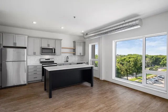 Modern kitchen with sleek appliances, ample cabinetry, and large windows offering a scenic view of lush greenery.