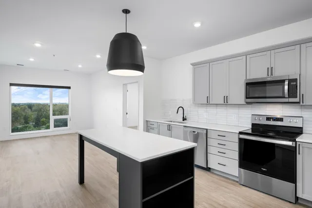 Sleek modern kitchen with stainless steel appliances, elegant cabinetry, and large window offering scenic views.