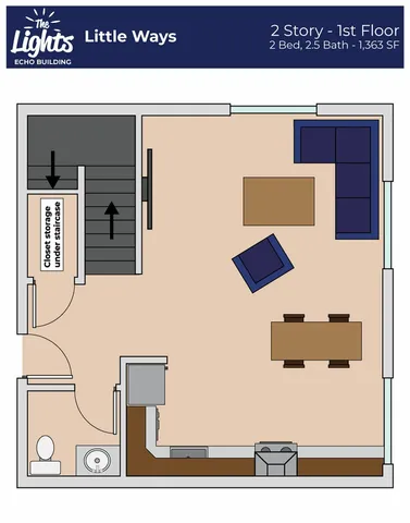The Lights Echo Building \'Little Ways\' floor plan showcasing a spacious 1st-floor layout with a cozy living area, modern kitchen, dining space, and convenient closet storage under the staircase. 2 bedrooms, 2.5 baths, 1,363 sq ft.