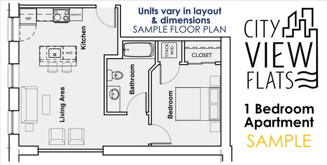 Modern 1-bedroom City View Flats layout featuring open-concept living area, stylish kitchen, and spacious bathroom.