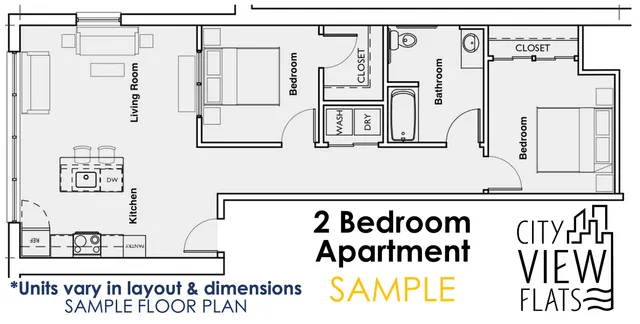 City View Flats floor plan showcasing a modern 2 bedroom apartment with open-concept living room and kitchen, featuring in-unit washer-dryer and spacious closets.