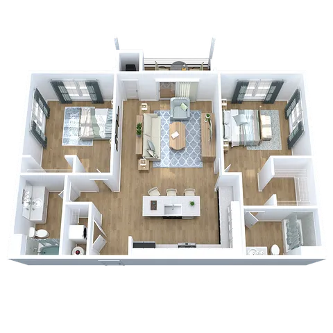 Modern 3D apartment layout showcasing 2 bedrooms, elegant open-plan living room, and chic kitchen with island seating.