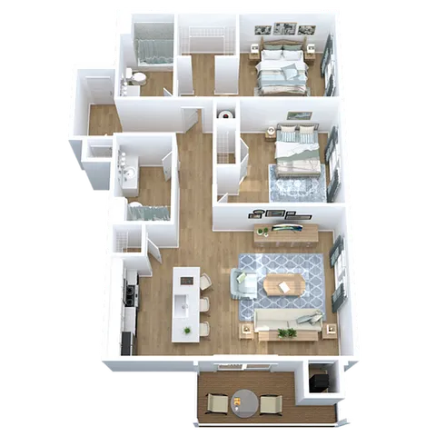 Contemporary 3D floor plan with two stylish bedrooms, two modern bathrooms, and an open-concept living and kitchen area leading to a cozy balcony.