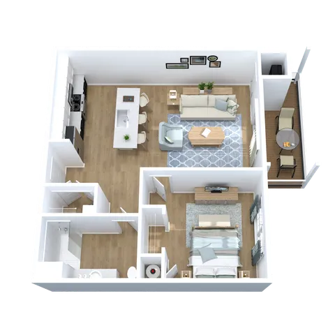 Modern 3D apartment floor plan featuring an open-concept living room and kitchen, one bedroom, and an inviting balcony space.