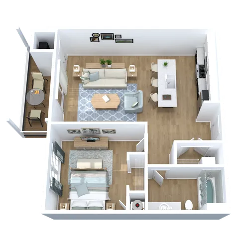 Bright and modern 3D floor plan showcasing a spacious living room, stylish open kitchen, elegant bedroom, cozy bathroom, and a quaint balcony dining area.