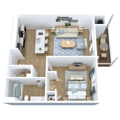 Modern 3D floor plan showcasing a cozy one-bedroom apartment with open-concept living and dining area, compact kitchen, stylish bathroom, and a private balcony.