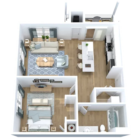 Contemporary open-plan 3D floor layout featuring a cozy bedroom, spacious living area, modern kitchen island, and stylish bathroom.