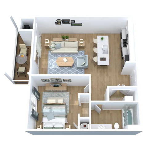 Modern 3D floor plan showcasing a spacious 1-bedroom apartment with open-concept living room, stylish kitchen with island, elegant bathroom, and cozy balcony. Perfect for comfortable urban living.