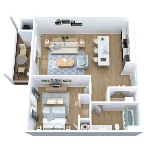 Modern 3D floor plan showcasing 1 bedroom, open-concept living and dining area, stylish kitchen, and cozy balcony.