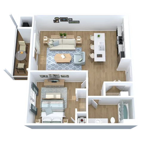 Chic 3D floor plan featuring a spacious bedroom, modern kitchen with breakfast bar, cozy living room, and a private balcony.