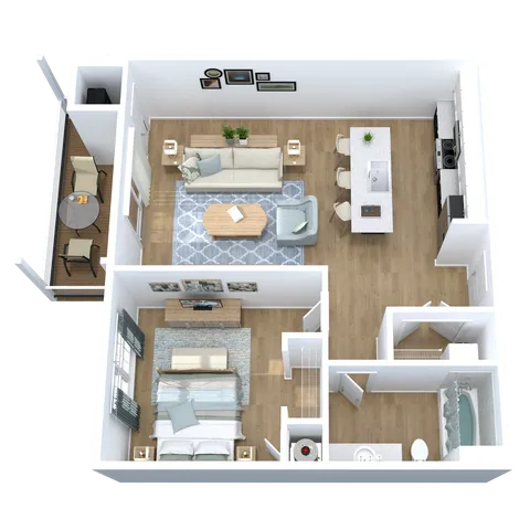 Modern 3D floor plan showcasing a well-lit one-bedroom apartment with an open living and dining area, stylish kitchen with island seating, and a cozy balcony.