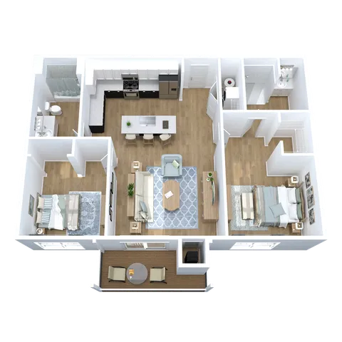 Modern 3D floor plan showcasing two bedrooms, an elegant kitchen with an island, open living area, and a private balcony.