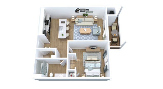 Chic 3D floor plan highlighting an inviting open-concept living area, one-bedroom layout with modern kitchen, stylish bathroom, and a cozy balcony space.