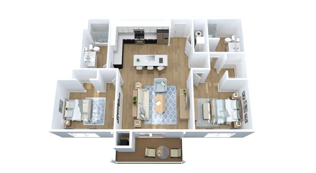Elegant 3D floor plan with 2 bedrooms, modern open kitchen, stylish living area, and dual bathrooms.