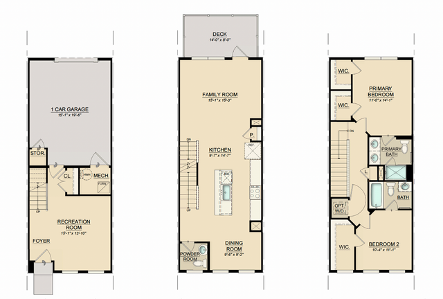 Three-story floor plan with garage, recreation room, kitchen, dining room, family room, deck, two bedrooms, and two baths.