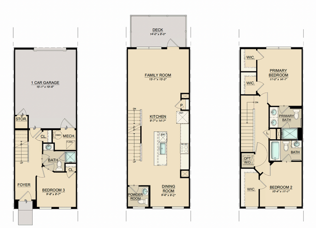 Three-level townhouse floor plan with a garage, family room, and three bedrooms.