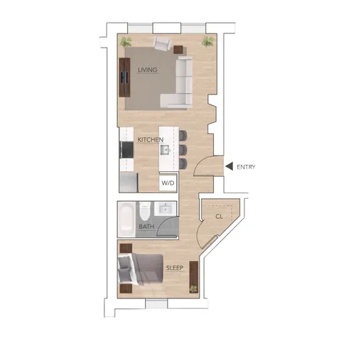 Stylish floor plan illustrating a one-bedroom apartment with an open living area, kitchen, and bath.