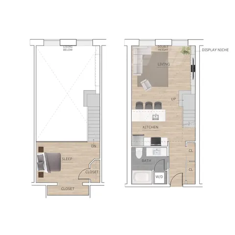 Modern duplex floor plan featuring a bedroom loft over an open-concept living area and a functional kitchen.