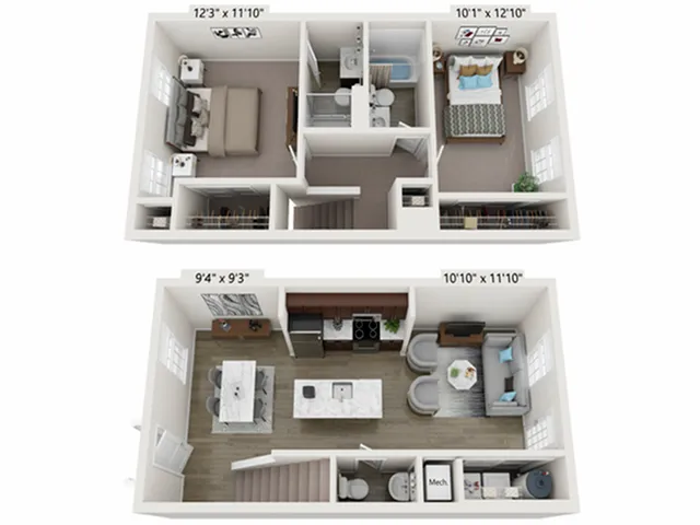Ashton - 2 Bedroom Floor Plan Birdseye Layout Image | LC Brier Creek Apartments & Townhomes in Durham - Raleigh NC