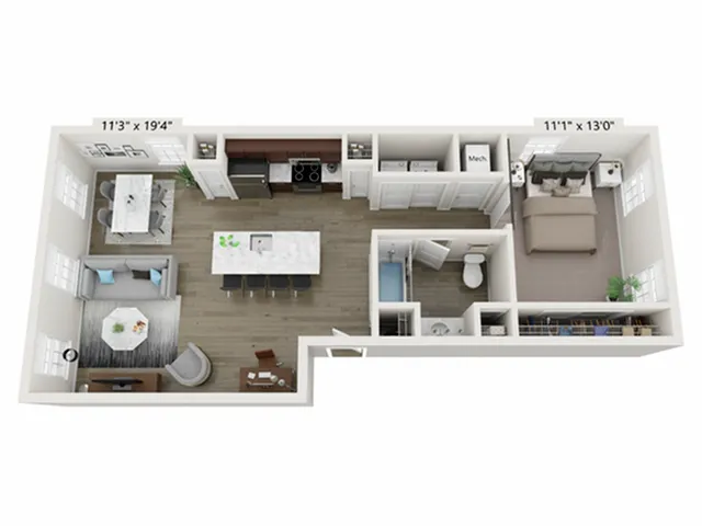 Greystone I - 1 Bedroom Floor Plan Birdseye Layout Image | LC Brier Creek Apartments & Townhomes in Durham - Raleigh NC