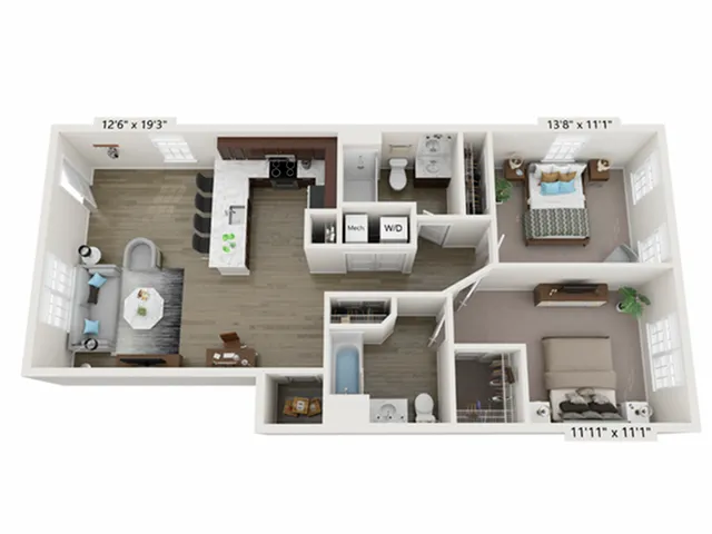 Greystone II - 2 Bedroom Floor Plan Birdseye Layout Image | LC Brier Creek Apartments & Townhomes in Durham - Raleigh NC
