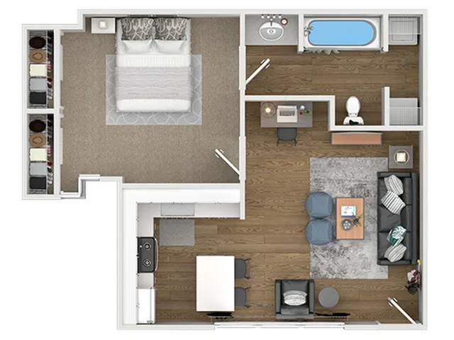 Modern 1-bedroom apartment floor plan with open-concept living space, sleek kitchen, and stylish bathroom.