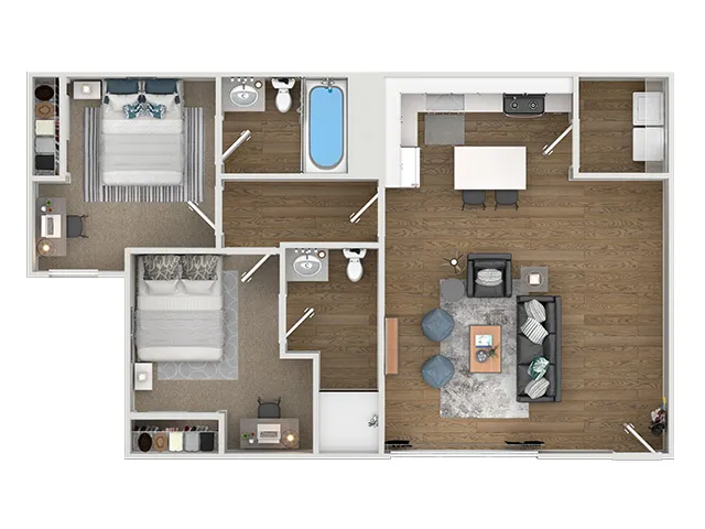 Hickory 2x2 - 3D Floor Plan
