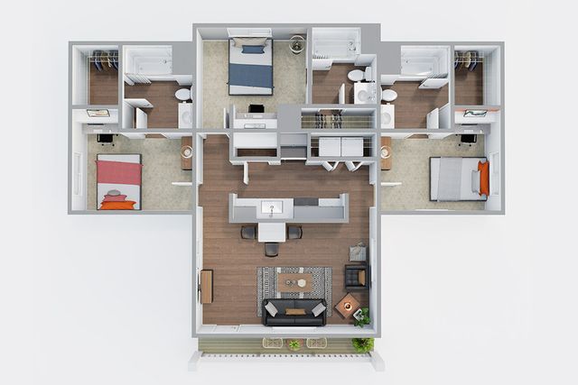 3x3 1264 SF - 3D Floor Plan