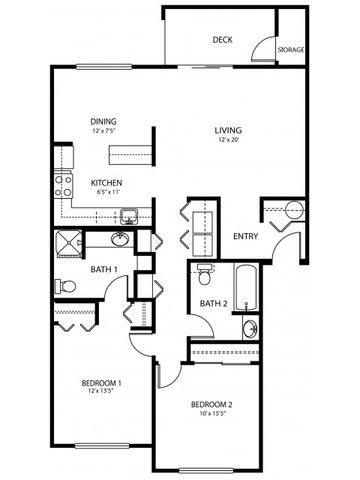 2 bedroom 2 bath, 1058 sq ft