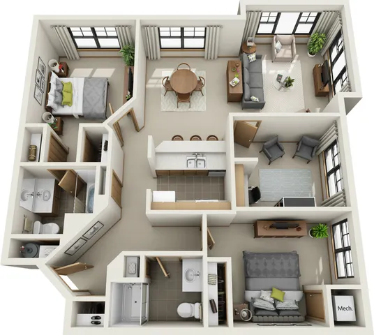Modern 3D floor plan showcasing a spacious apartment with two bedrooms, open-concept living and dining area, sleek kitchen with island seating, and functional home office space.