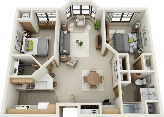Inviting floor plan showcasing 2 bedrooms, a cozy living room, modern kitchen, and elegant dining area with stylish decor.