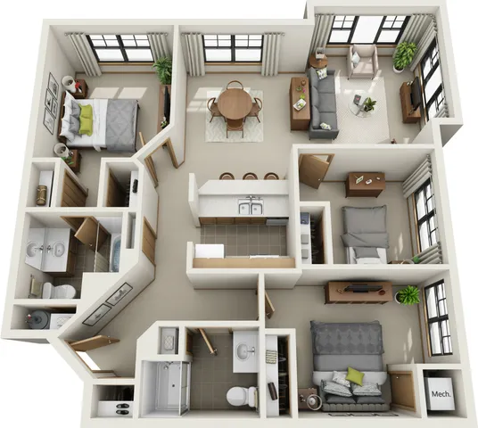 Elegant 3D floor plan featuring two bedrooms, a cozy living room, modern kitchen with bar seating, and a stylish dining area.