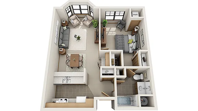 Chic 3D floor plan with one bedroom, a cozy living room, modern kitchen, and elegant bathroom.