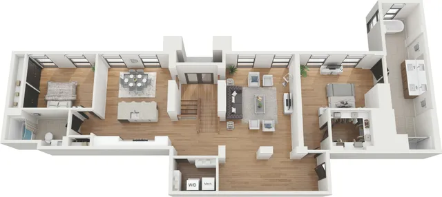 Modern and spacious 3D floor plan featuring two bedrooms, an open living and dining area, and a sleek kitchen with island, perfect for stylish living.