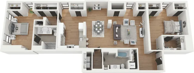 Elegant open floor plan showcasing 3 bedrooms, spacious living and dining areas, modern kitchen with island, and stylish bathrooms for luxurious living.