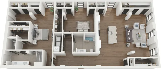 Modern open-concept floor plan featuring three bedrooms, two bathrooms, and a stylish kitchen with a central island, complemented by a cozy living room and ample storage space.
