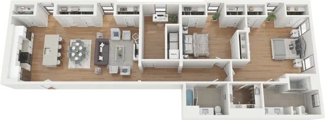 Modern apartment floor plan showcasing open-concept living area, two bedrooms, sleek kitchen, and spacious bathrooms.