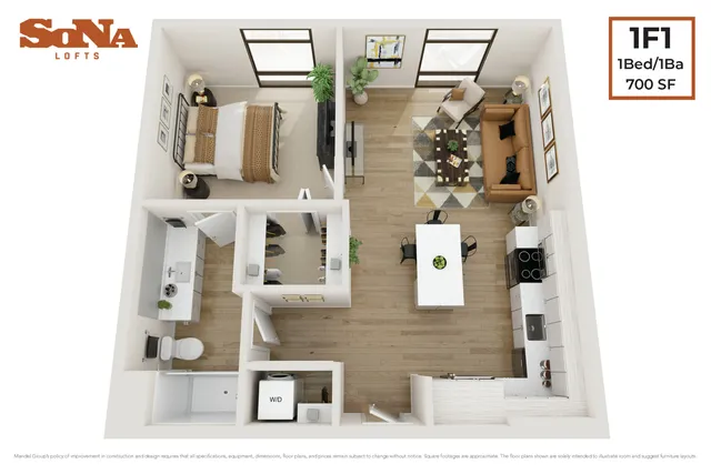 Modern 3D floor plan of SoNa Lofts showcasing a spacious 1-bedroom, 1-bath layout with an open-concept living area and contemporary kitchen in 700 sq ft.