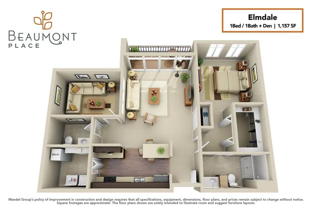 Charming Elmdale floor plan with 1 bedroom, 1 bath, and a den, showcasing a bright open living space with modern kitchen and cozy lounge area, totaling 1,157 sq ft at Beaumont Place.