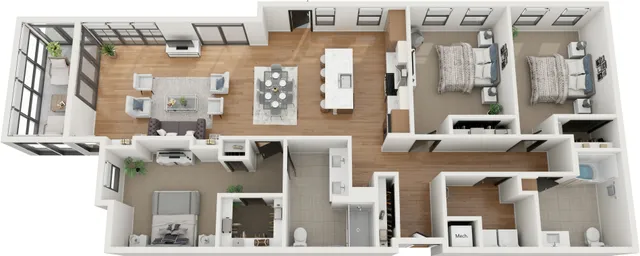 Spacious 3D floor plan showcasing three luxurious bedrooms, an open-concept living and dining area, a modern kitchen with an island, and a cozy balcony space.