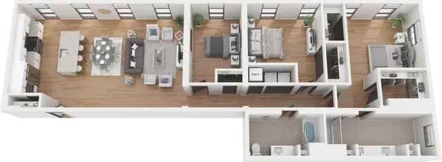 Elegant 3D floor plan showcasing a spacious layout with three bedrooms, two bathrooms, modern kitchen with island, and an open-concept living and dining area, perfect for stylish living and entertaining.