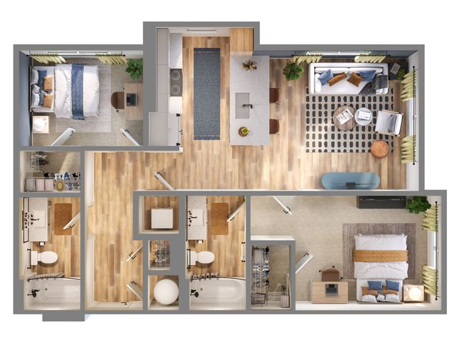 Modern 3D floor plan showcasing two bedrooms, an open-concept living and dining area, stylish kitchen with island, and two bathrooms, featuring wood flooring and contemporary furnishings.