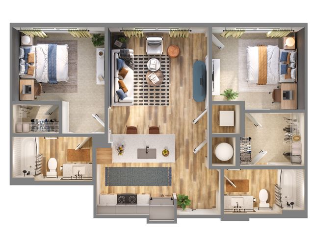 Modern floor plan showcasing a sophisticated 2-bedroom apartment with elegant living space, contemporary kitchen, and two luxurious bathrooms.