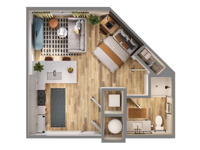 Charming open-concept studio apartment featuring cozy living area, modern kitchen, and stylish bedroom with adjoining bathroom.